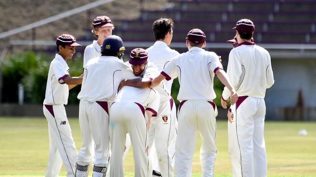 St Peters celebrates a wicket AIC First XI cricket between St Peters and Iona College. Saturday March 4, 2023. Picture, John Gass