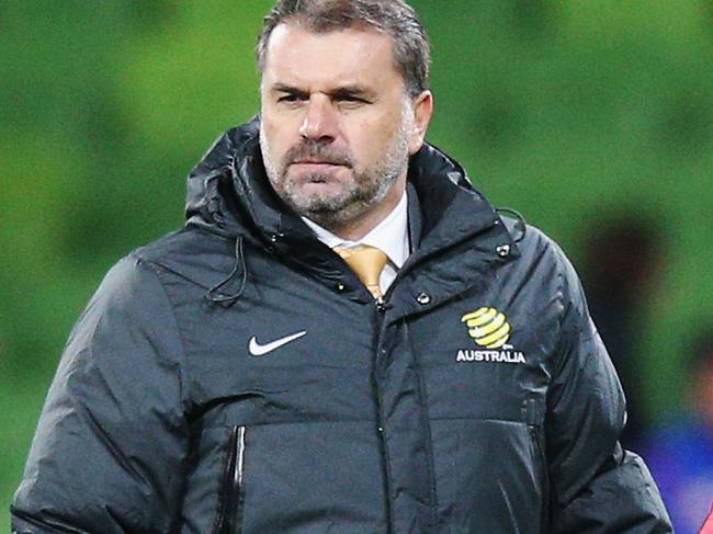 MELBOURNE, AUSTRALIA - SEPTEMBER 05:  Socceroos head coach Ange Postecoglou looks dejected after the final whistle during the 2018 FIFA World Cup Qualifier match between the Australian Socceroos and Thailand at AAMI Park on September 5, 2017 in Melbourne, Australia.  (Photo by Michael Dodge/Getty Images)