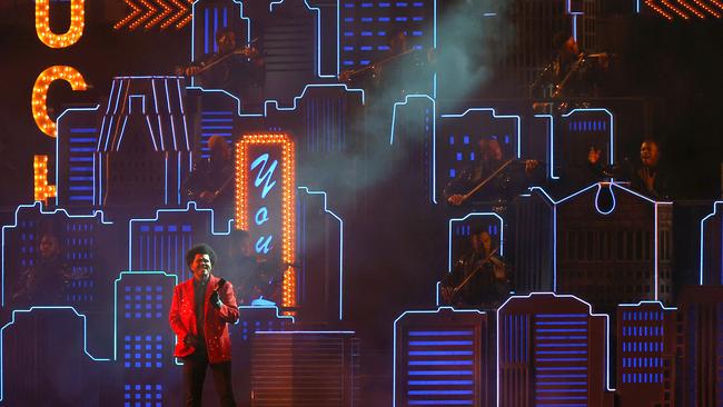 He’s no JLo. The Weeknd performs during the Super Bowl LV halftime show. Picture: Kevin C. Cox/Getty Images)