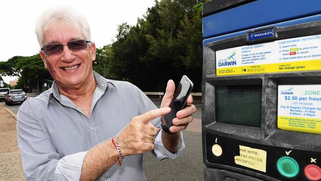 Darwin Lord Mayor Kon Vatskalis launches paying for CBD parking with his council’s app .... Darwin Council has voted to provide free on-street parking, defer rates and waive fees. Picture: Katrina Bridgeford