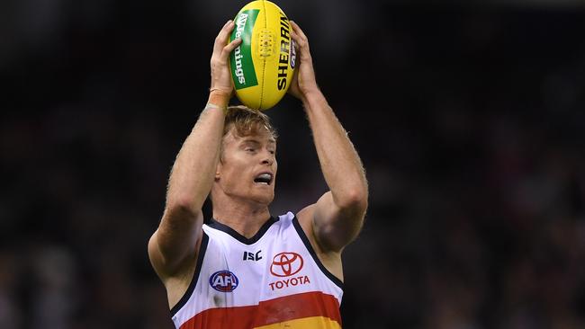 Alex Keath of the Crows takes a  mark in the win over St Kilda. Picture: AAP Image/Julian Smith