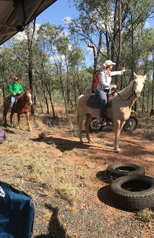 Searchers comb the ground on horseback.