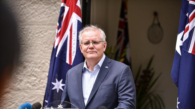 Scott Morrison talks to reporters at Kirribilli House. Picture: NCA NewsWire/Flavio Brancaleone.