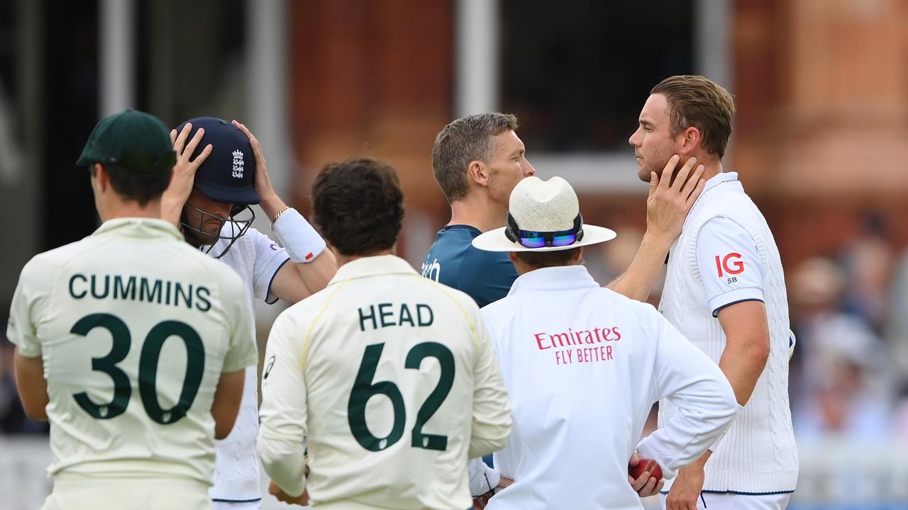 Stuart Broad receives medical treatment after being stuck by a nasty bouncer. Picture: Getty