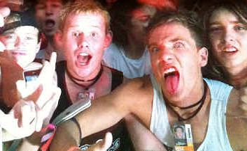 In the mosh pit at one of the Schoolies’ Week beach parties are (from left) Alex Dudley, Matt Cooper, Zack Richardson, Brad Stark and Steve Malone. Picture: SUPPLIED