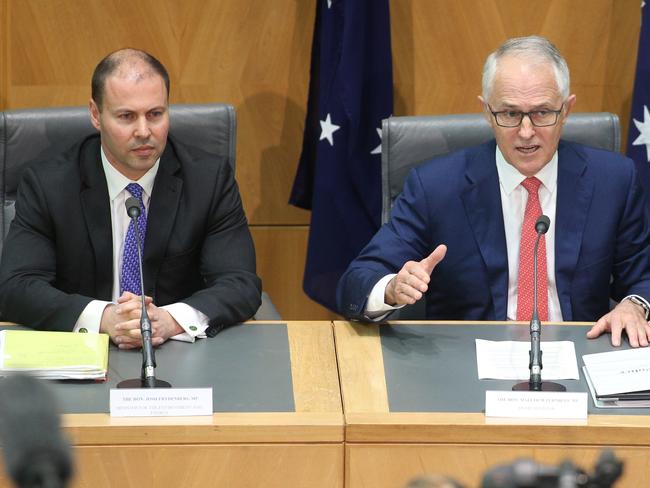 The Prime Minister Malcolm Turnbull with the Minister for the Environment and Energy Josh Frydenberg today. Picture Gary Ramage