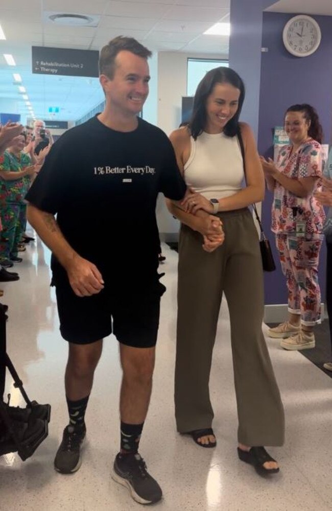 Chris Perry, of Buderim, walks out of hospital following freak push bike accident. Picture – Madeline Grace.