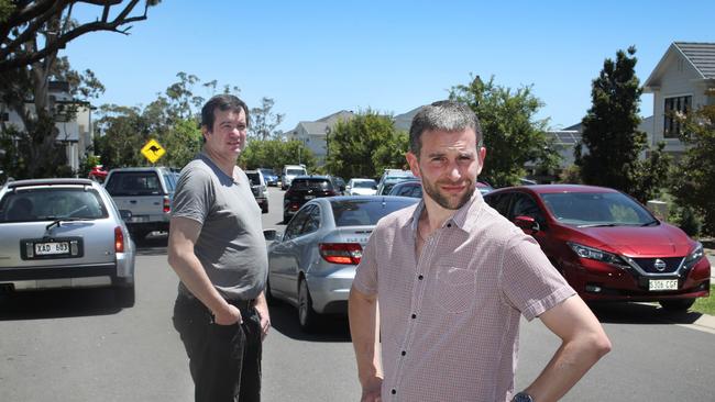 Concerned Mitcham resident Ben Luks (right) with Mitcham councillor Darren Kruse on the congested Blackwood Park Blvd. Picture: Dean Martin