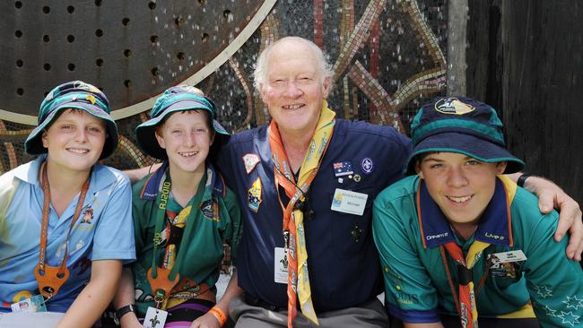 This year marks ten years since the <a href="https://www.couriermail.com.au/news/queensland/fraser-coast/aj2013-scout-jamboree/image-gallery/f9f04598c9e14695c0986b1b92ab0938" target="_self">AJ2013 Scout Jamboree</a> was last held in Maryborough. Pictured: Michael Baden Powell with NSW scouts, Josh Whiteman, Kyle Plunkett and Same Knowles. Photo: Robyne Cuerel / Fraser Coast Chronicle