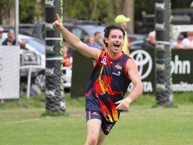 Noosa Tigers player Ethan Johnstone celebrates after kicking a major against Maroochydore. Picture: Craig Slaney Sports Photography.