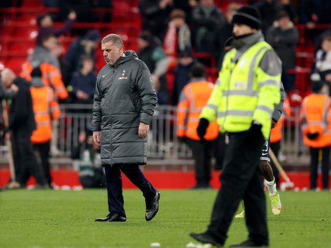 A disappointed Ange Postecoglou reflects on his Tottenham team’s English League Cup semi-final loss to Liverpool. Picture: Carl Recine/Getty Images