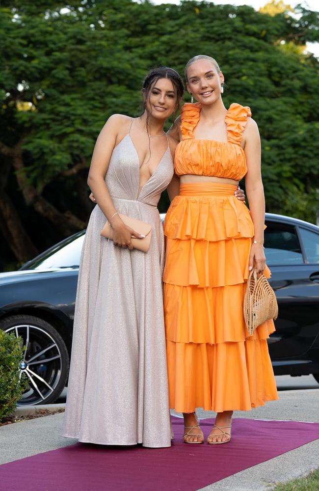 Isadora Felix and Charlotte Klein, graduating class of 2023, arrive at St Patrick’s Formal on Friday, May 5, 2023. Gympie, Queensland. Picture: Christine Schindler