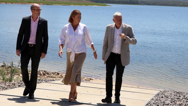 From left to right: Hunter Water executive drought lead Darren Cleary, NSW Water Minister Melinda Pavey and Hunter Water Acting CEO Graham Wood when announcing drought restrictions Supplied.