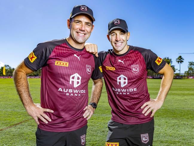 Birthday boys Cameron Smith (left) and Billy Slater at Queensland State of Origin camp at Sanctuary Cove, Hope Island, on Saturday. Picture: Richard Walker