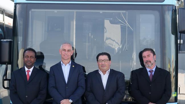 Busabout in Smeaton Grange has added five new state of the art buses to its fleet to cater for the growing demand for bus services across the region. Pics of busabout drivers, operations manager in front of the buses. [L-R] Stephen Burridge (Depot Manager], Merlinda Hyde [reporting and compliance], Nishan Joseph [GM], Joe Calabro and Tony Calabro [directors]. Pics Ian Svegovic