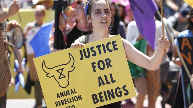 Extinction Rebellion activists march in Brisbane on Monday. Picture: Regi Varghese/AAP