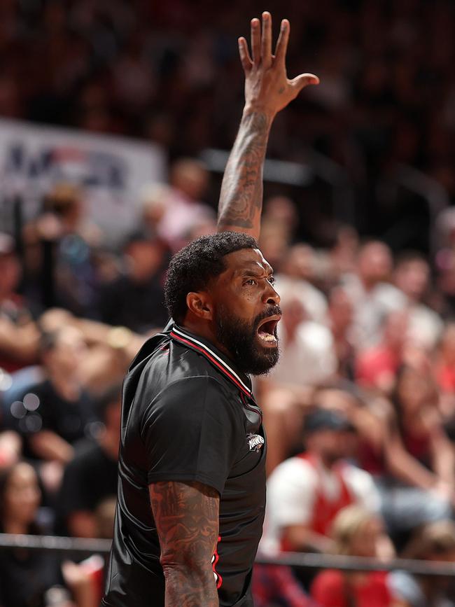 Justin Tatum, Coach of the Hawks was absolutely pumped with the win. Picture: Mark Metcalfe/Getty Images