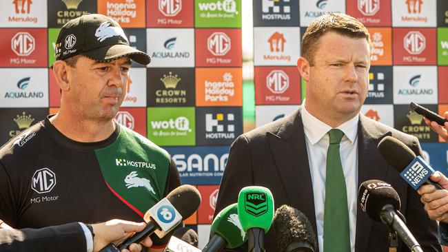 19/08/23. The Daily Telegraph, Sport / News. Heffron, Sydney, NSW, Australia.South Sydney coach Jason Demetriou and CEO Blake Solly pictured at a press conference at the clubÃs Heffron Training Centre this morning.Picture: Julian Andrews