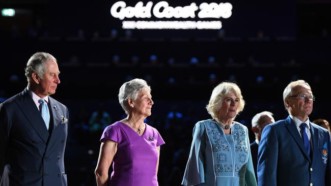 Prince Charles, Commonwealth Games Federation President Louise Martin, Camilla, Duchess of Cornwall and Gold Coast Commonwealth Games Chairman Peter Beattie. Picture: AAP/Dean Lewins