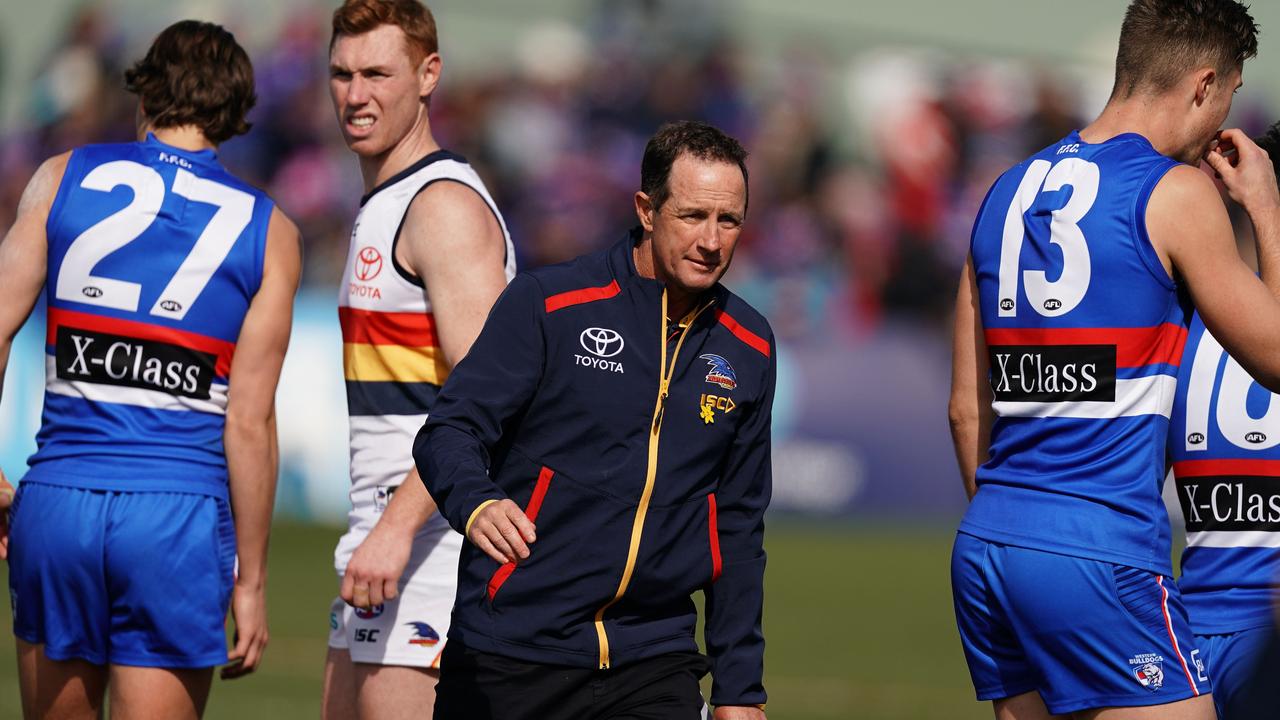 Don Pyke in what was his last game as Crows coach against the Western Bulldogs. Picture: AAP Image/Scott Barbour