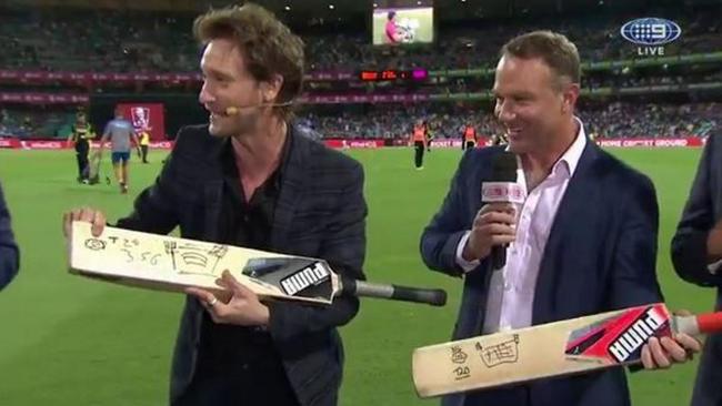 Lior Suchard with Michael Slater during the Twenty20 match on Sunday night.