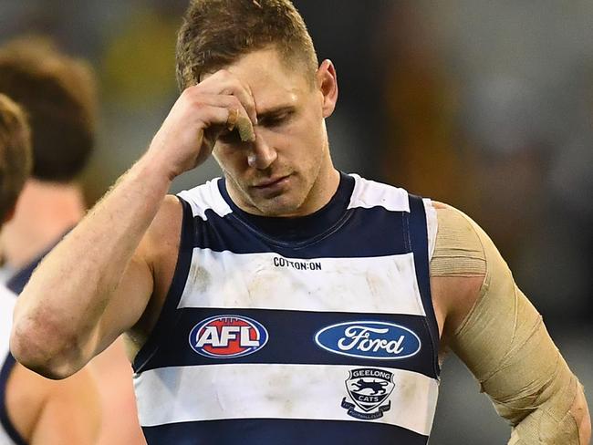 MELBOURNE, AUSTRALIA - JUNE 17:  Joel Selwood of the Cats looks dejected after losing the round 13 AFL match between the Geelong Cats and the Richmond Tigers at Melbourne Cricket Ground on June 17, 2018 in Melbourne, Australia.  (Photo by Quinn Rooney/Getty Images)