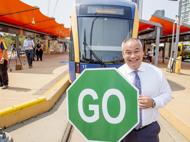 Announcement for Light Rail Stage 3A, from Broadbeach South to Burleigh. Gold Coast Mayor Tom Tate holding a GO sign.  Picture: Jerad Williams