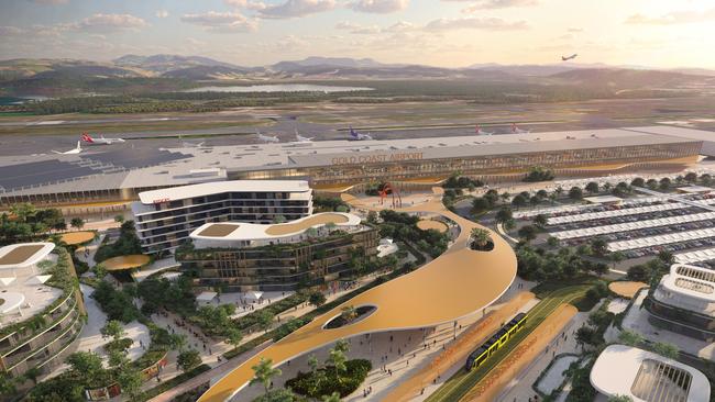 Artist impression of the Gold Coast Airport masterplan, which features new hotels, a light rail connection and retail precinct. Picture: Supplied