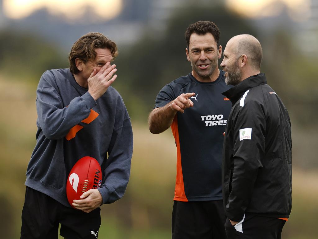 James Hird, Dean Solomon, and Mark McVeigh as coaches at GWS. Solomon has joined the Essendon board. Picture: Phil Hillyard.