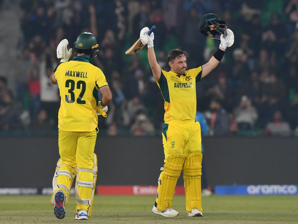 Josh Inglis of Australia celebrates his century during the ICC Champions Trophy 2025 match between Australia and England at Gaddafi Stadium on February 22, 2025 in Lahore, Pakistan. Picture: Sameer Ali/Getty Images