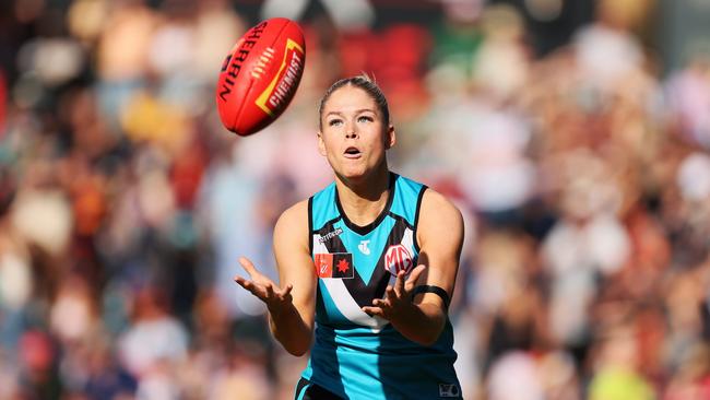 Former Crow Ashleigh Saint booted two goals in her first appearance for Port Adelaide. Picture: James Elsby/AFL Photos