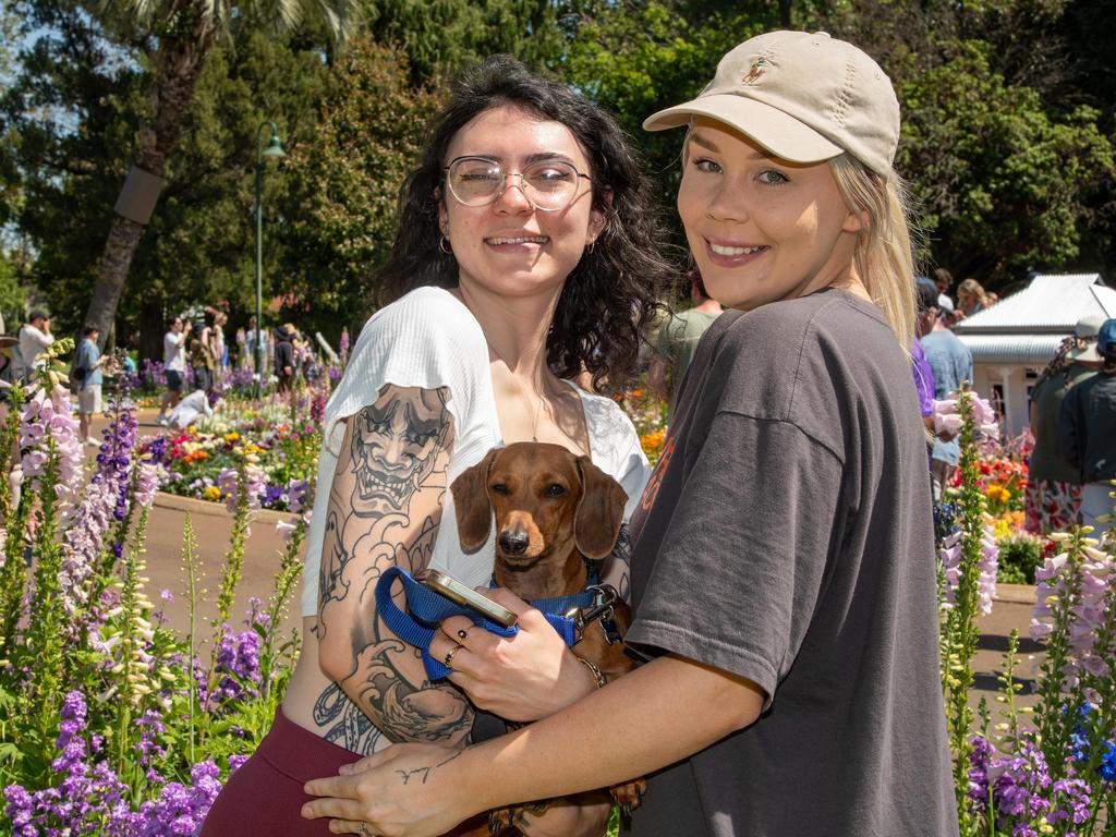 Katie Macedon (left) with Peanut and Shantae Hankin in the Botanic Gardens at Queens Park during the Carnival of Flowers, Sunday, September 22, 2024. Picture: Bev Lacey