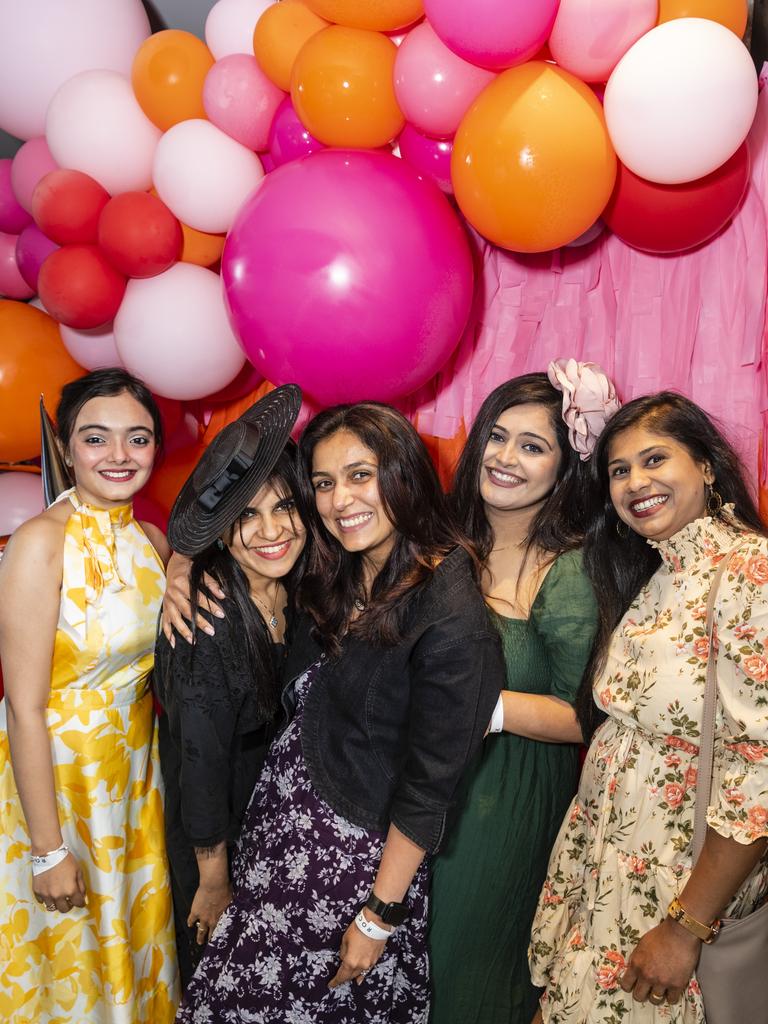 At the Melbourne Cup party at The Rock are (from left) Dea Kishnani, Brinda Desai, Rashmi Bulchandani, Liza Vasdevani and Miral Patel, Tuesday, November 1, 2022. Picture: Kevin Farmer