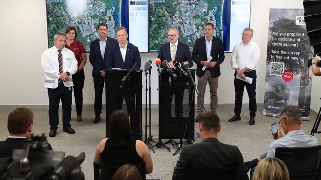 Prime Minister Anthony Albanese and Premier Steven Miles announced additional disaster assistance funding during a visit to the Gold Coast Emergency Management Centre. Picture Glenn Hampson