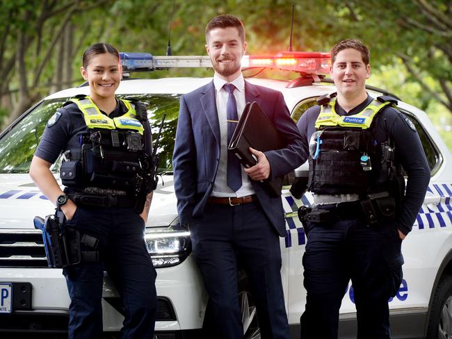 Senior Constable Harrison Brady (plain clothes), Constables Katie Walker and Theodore Heinjus. Picture: Andrew Henshaw