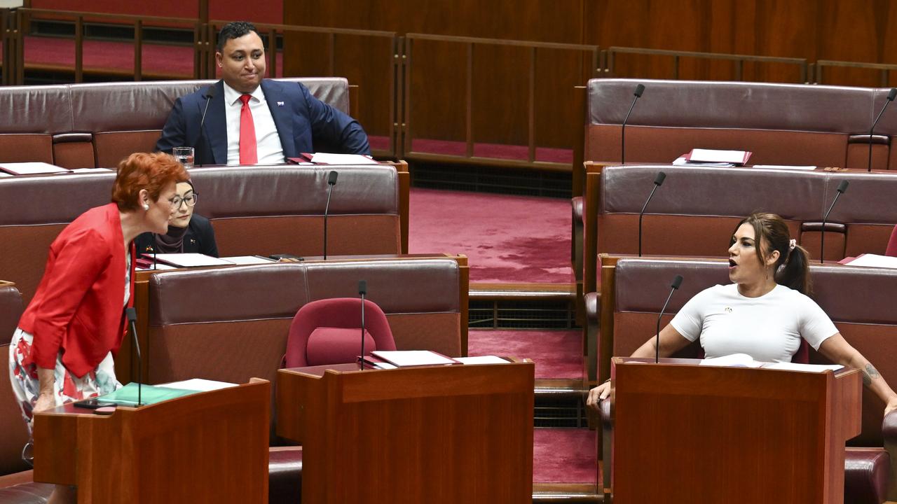 Senator Pauline Hanson, Senator Fatima Payman and Senator Lidia Thorpe in the Senate at Parliament House in Canberra. Picture: NewsWire / Martin Ollman