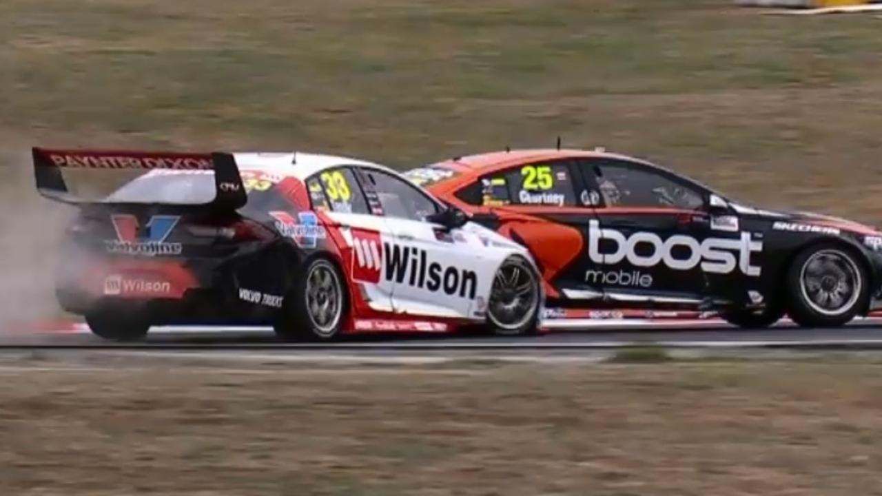 James Courtney and Garth Tander tangle during Race 14.