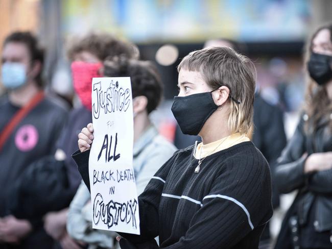 Photo of protestors at the press conference hold by the organisers of the Black Lives Matter protest that is scheduled for Saturday, in Sydney On Friday 05/06/2020 at Supreme Court.(Daily Telegraph-Flavio Brancaleone)