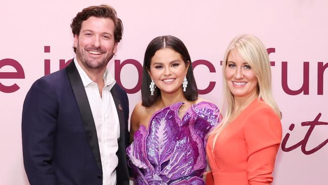 batyr CEO Nic Brown and head of philanthropy Lucy Steggles, with Selena Gomez (centre) at the Rare Impact Benefit in LA last week. Picture: Monica Schipper/Getty Images