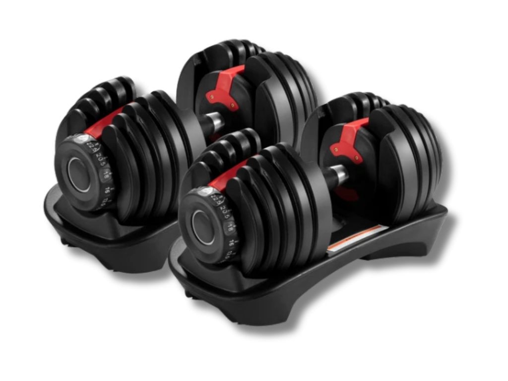 To save time and money, Luke suggests buying adjustable dumbbells. Picture: Kogan