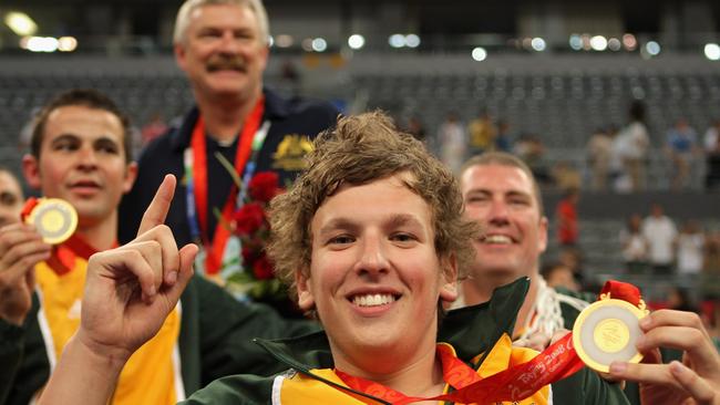 Dylan Alcott after winning the gold medal in the wheelchair basketball match between Australia and Canada at the 2008 Paralympic Games. Picture: Getty