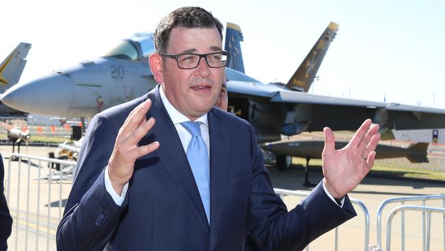 Premier Daniel Andrews answers questions on Don Nardella at Avalon Airport this morning. Picture: Alex Coppel.