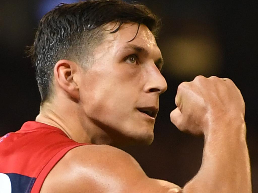 Sam Weideman of the Demons reacts after kicking a goal during the Round 3 AFL match between the Melbourne Demons and the Essendon Bombers at the MCG in Melbourne, Friday, April 5, 2019. (AAP Image/Julian Smith) NO ARCHIVING, EDITORIAL USE ONLY