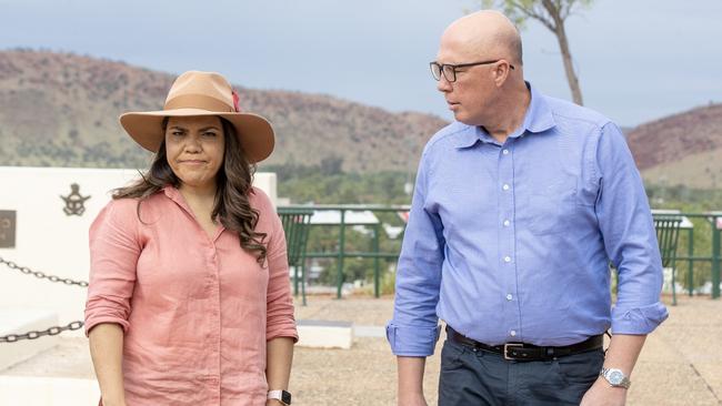 Opposition Leader Peter Dutton with Senator Jacinta Price on ANZAC Hill in Alice Springs last week. Picture: Liam Mendes/The Australian