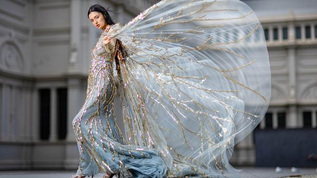 Tamara Goggin outside Royal Exhibition Building. Cotourist and wedding and evening wear designer Steven Khalil will be the solo runway for Melbourne Fashion Festival. Picture: Jason Edwards