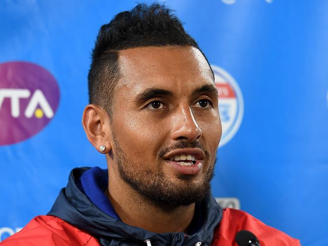 BRISBANE, AUSTRALIA - JANUARY 01:  Nick Kyrgios of Australia speaks at a press conference during day two of the 2018 Brisbane International at Pat Rafter Arena on January 1, 2018 in Brisbane, Australia.  (Photo by Bradley Kanaris/Getty Images)