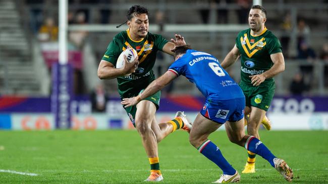 Jeremiah Nanai was man of the match against Italy in the Rugby League World Cup. Picture: NRL Imagery