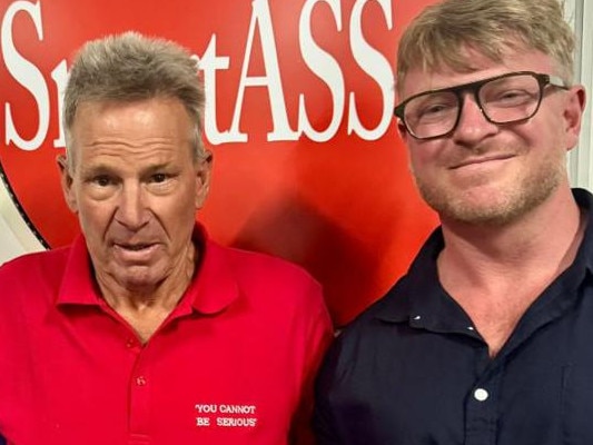 Sam Newman poses with notorious neo-Nazis Blair Cottrell and Thomas Sewell. Picture: X