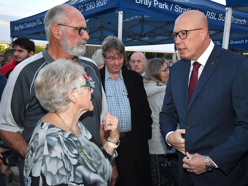 Peter Dutton at the service Bray Park-Strathpine RSL sub branch ANZAC day dawn service. Thursday April 25, 2024. Picture, John Gass