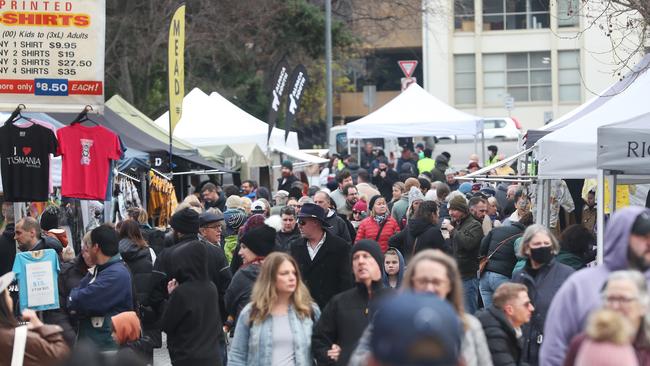 Tasmania's Own Market/Salamanca Market with some people wearing masks and people using the check in Tas app to register attendance. Picture: Nikki Davis-Jones